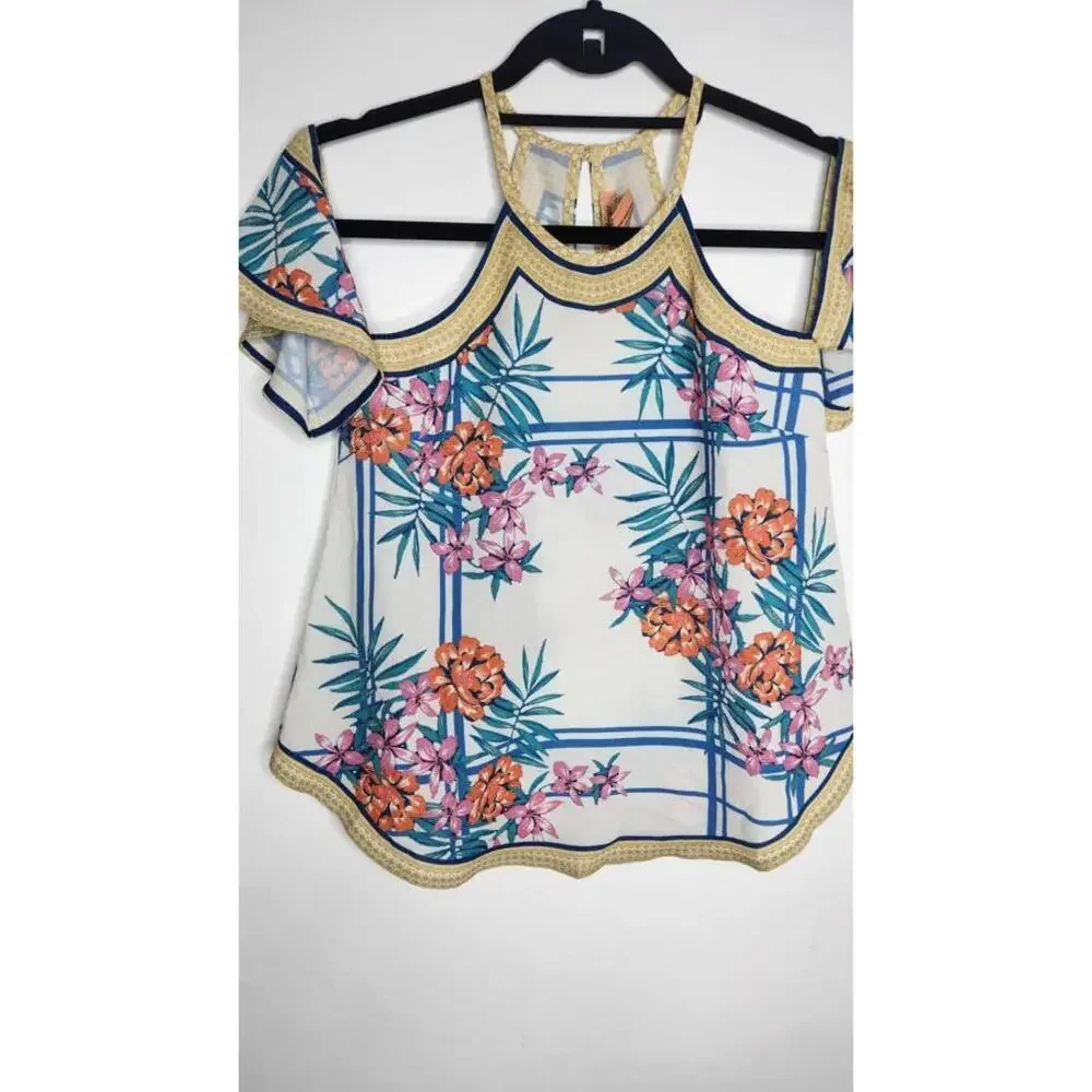 Flying Tomato Shirt XS Ivory Floral Cold Shoulder Boho Summer Top Tropical - Picture 3 of 7